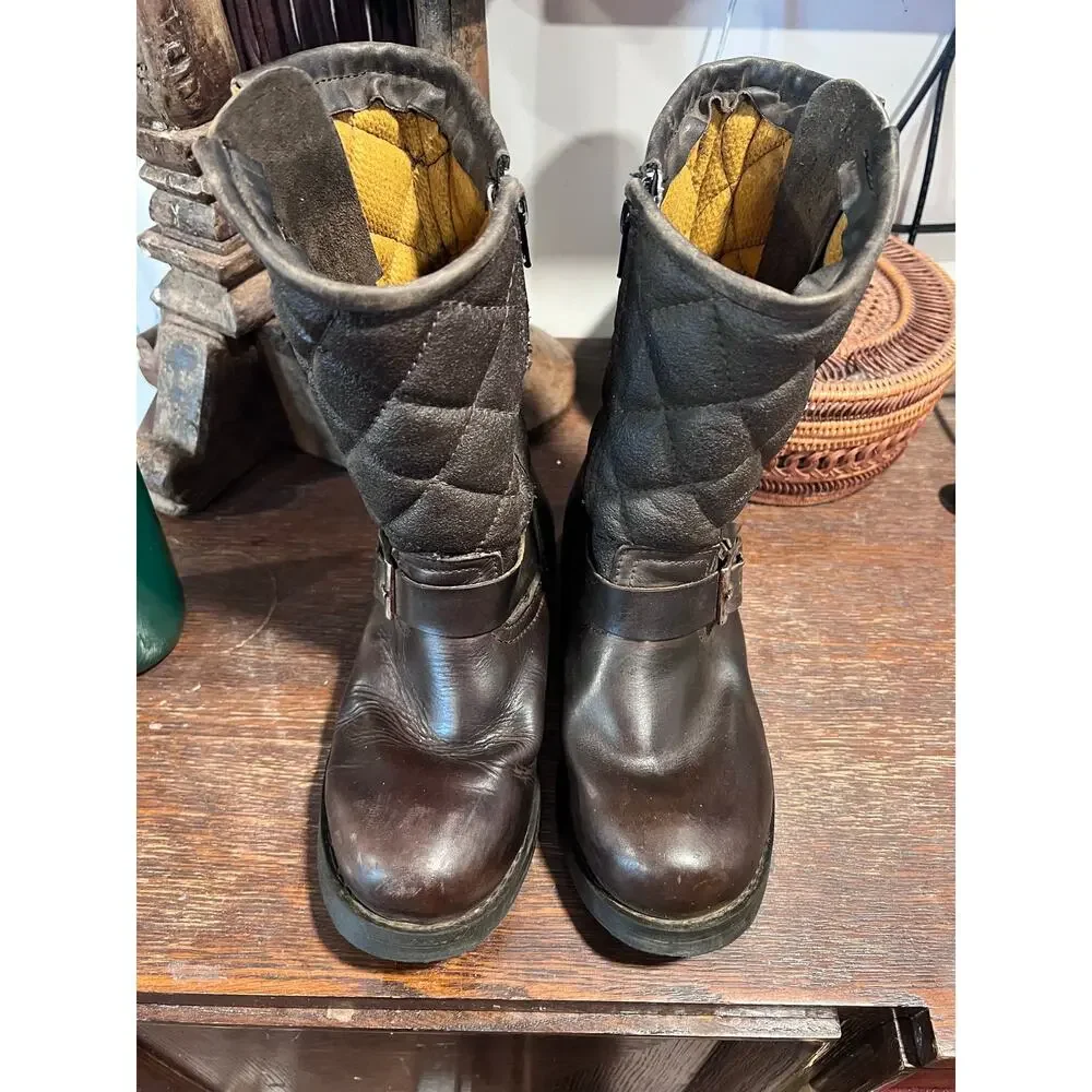 Vintage Buldozer Racing quilted leather biker boots Brown Size 38 7.5